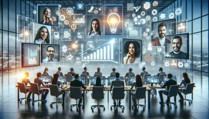 A digital workspace showing growth chart and remote workers on video calls discussing feedback on a virtual whiteboard.