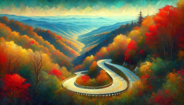 A winding road through the Appalachian Mountains with vibrant fall foliage and scenic overlooks.