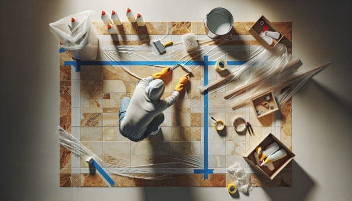 Person applying painter's tape and plastic sheeting to protect areas around travertine tiles during cleaning.