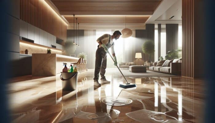 A professional cleaner scrubbing a travertine floor in Barnet, restoring its shine.