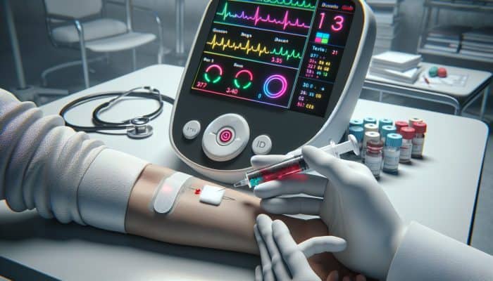 Diabetes Blood Test in Bicester: Vitamin D Blood Test in Castleford: Vitamin D is an essential nutrient that plays a vital role in maintaining bone health, supporting immuneA medical professional drawing blood from a patient's arm, with a glucometer showing glucose levels in a clinic.
