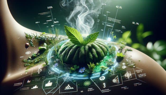 A steaming herbal poultice with green herbs applied to skin for natural healing and warmth.