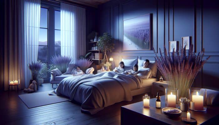 A serene UK bedroom at night with lavender, promoting peaceful and restorative family sleep.