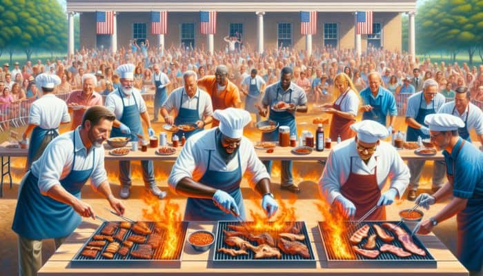 A lively BBQ competition in the American South with pitmasters grilling pork, judged on taste and presentation.