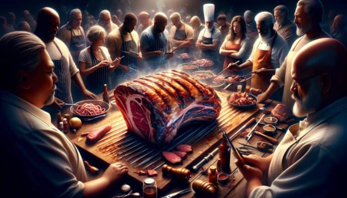 A succulent shoulder cut being smoked over a BBQ by pitmasters in a competition.