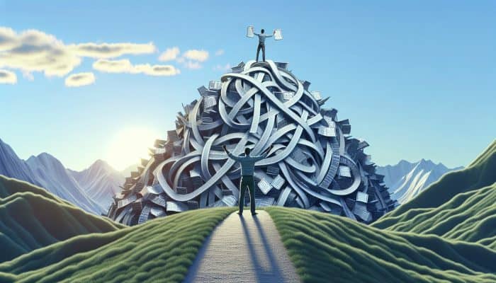 Personal Tales of Debt Consolidation Triumphs: UK Stories | DCL A person atop a mountain of merged debts, symbolising financial freedom through debt consolidation.