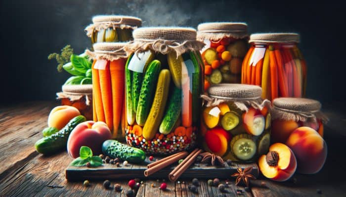 Vibrantly coloured jars of pickled cucumbers, carrots, and peaches, beautifully showcasing the art of food preservation with vinegar, spices, and sugar.