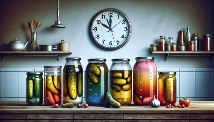 A kitchen scene showcasing common pickling mistakes: overfilled jars, improper vinegar acidity, and inadequate flavor melding time.