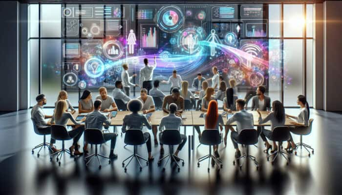 A diverse group in a modern office brainstorming with holographic VAs, enhancing creativity and collaboration.