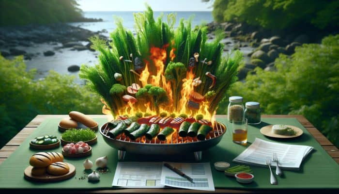 BBQ scene with seaweed-wrapped meats and vegetables on a flaming grill, highlighting umami and health benefits.
