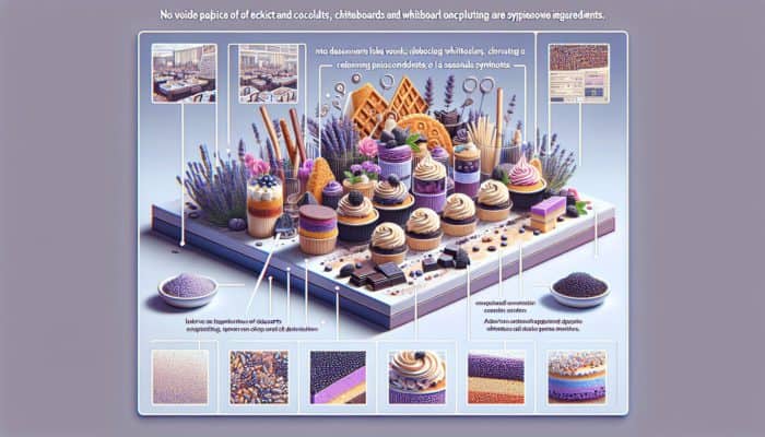 A vibrant Las Vegas dessert display showcasing creamy, crunchy textures, innovative lavender-chocolate flavors, and visually stunning, seasonal presentations.