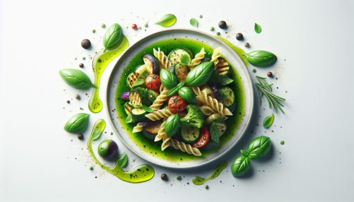 A dish with grilled vegetables and pasta drizzled with green herb-infused olive oil, garnished with basil and parsley.