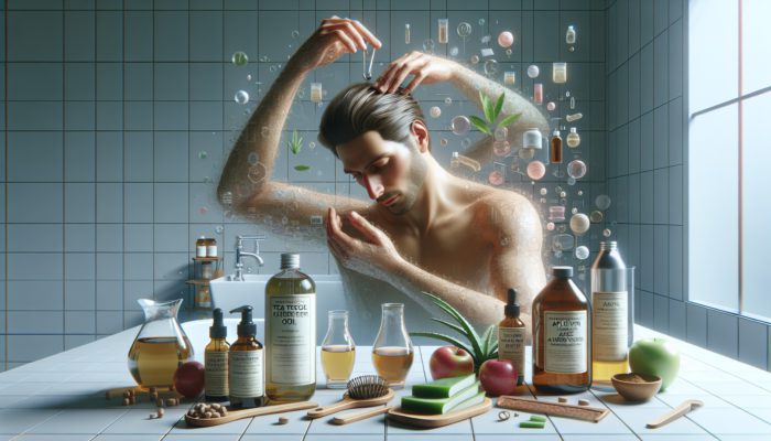 Individual applying natural ingredients like tea tree oil and aloe vera for dandruff relief in a tranquil bathroom.