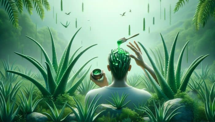 Individual applying aloe vera gel to scalp, surrounded by lush plants in a green, natural environment.