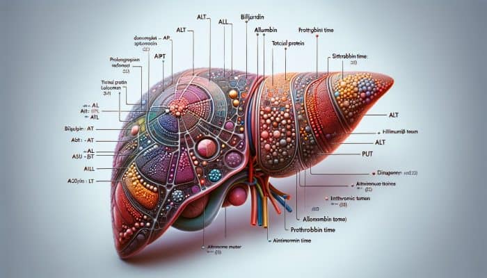 Advanced Liver Blood Test in Maidstone: Illustration of a liver with labeled sections for ALT, AST, ALP, bilirubin, albumin, total protein, prothrombin time, and autoimmune markers.