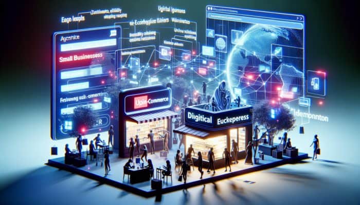 E-commerce Development in Wellington for Small Business: A vibrant digital marketplace with UK small businesses thriving, customers shopping from home, and Wellington entrepreneurs competing online.