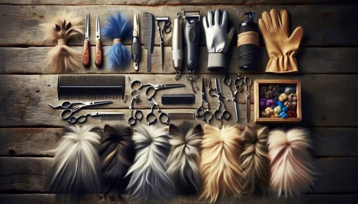 Various fur trimming tools on a wooden table with different types of pet fur.