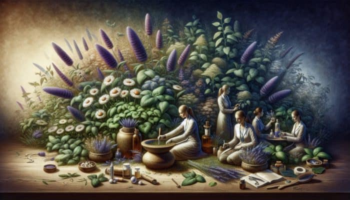 A serene garden with herbs like lavender and chamomile, experts discussing natural anxiety relief.