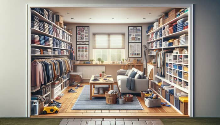 A tidy UK home with sorted clothes, books, and household goods in living room, kitchen, hallway.