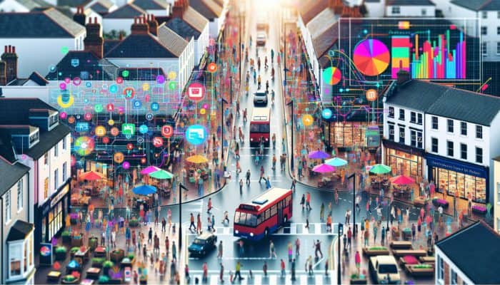 Poole high street with small businesses using vibrant social media strategies on digital screens to engage diverse crowds.