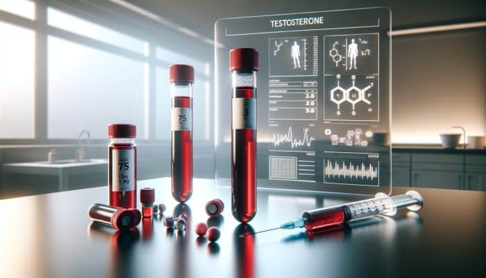 Testosterone Blood Test in Newport: Illustration of a testosterone blood test with vials, syringe, and a chart showing levels in men and women.