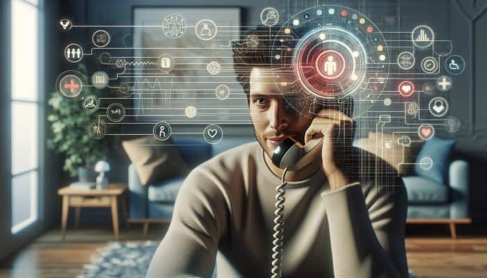 Person receiving a phone call from doctor discussing testosterone test results in a cozy home office with medical charts.