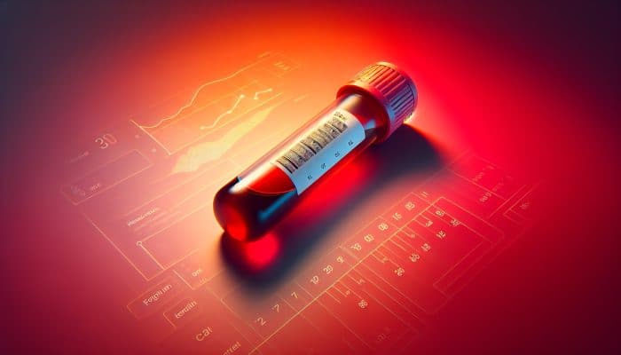 Ferritin Blood Test in Swansea: A ferritin blood test vial against a red to orange gradient background, with medical charts.