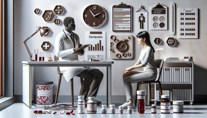 Person consulting doctor, surrounded by medical items, preparing for ferritin blood test in clinical setting.