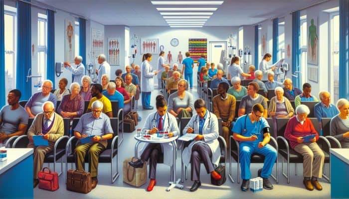 A busy NHS clinic in Edinburgh with patients waiting for diabetes tests, staff assisting, health check posters on walls.