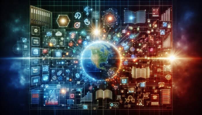 A vibrant digital workspace with interconnected tools, shared documents, and glowing data streams.