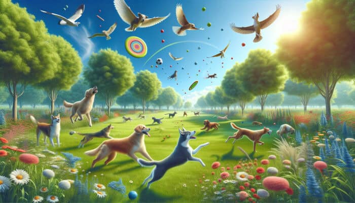 Energetic dogs enjoying fetch with frisbees and balls in a lush park under a clear sky.