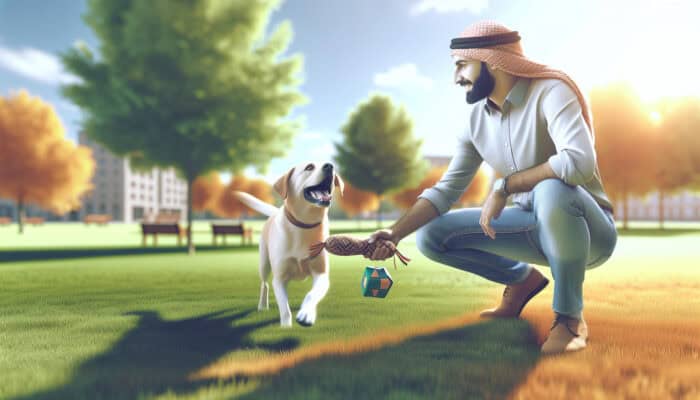 A dog owner observes their dog playing fetch safely in a well-maintained park on a sunny day.