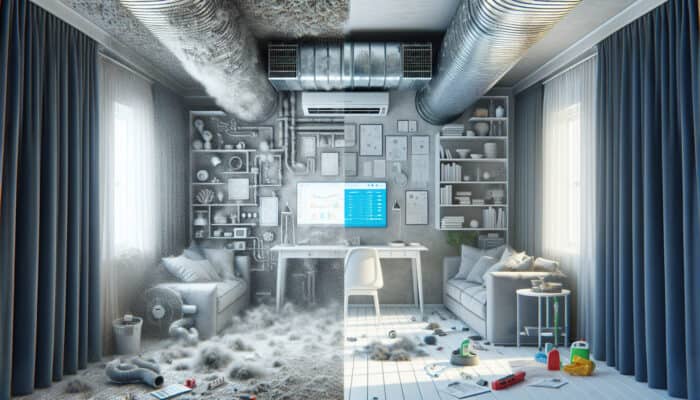 Duct Cleaning Services in Surrey BC: A modern HVAC duct system in Surrey BC home, dusty and moldy before cleaning, clean and sparkling after.