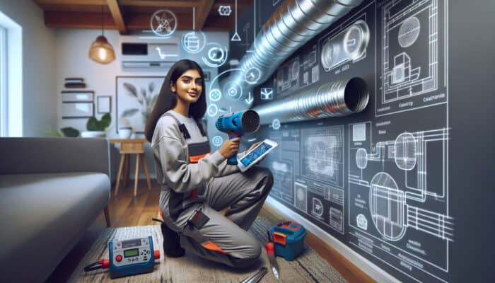 A professional duct cleaning technician in Surrey, BC, using advanced equipment on air ducts in a modern home.