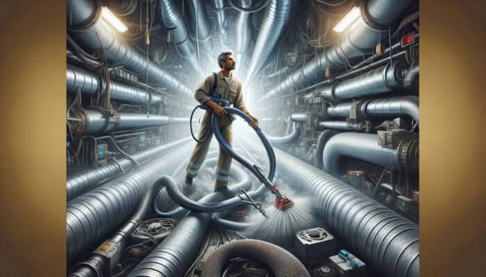 A professional duct cleaner using high-powered vacuum, rotary brushes, and air whips in an industrial setting.