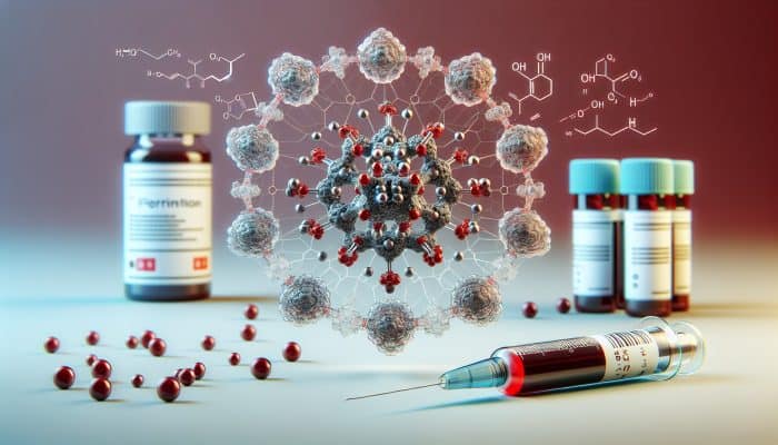 Ferritin Blood Test in Wrexham: Illustration of ferritin molecule storing iron atoms, with a blood test vial in the background.
