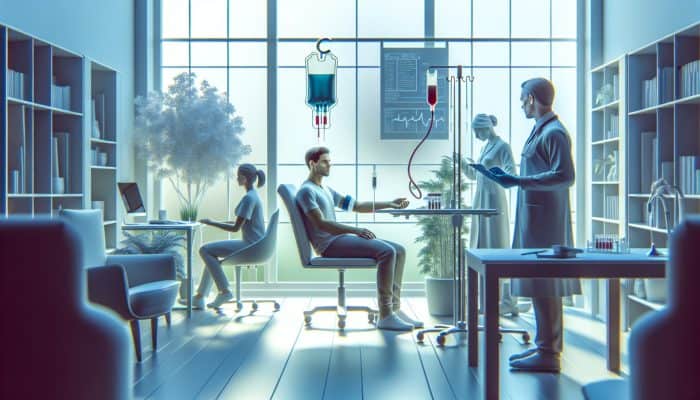 A patient in a serene Wrexham clinic preparing for a ferritin blood test with a nurse's guidance.