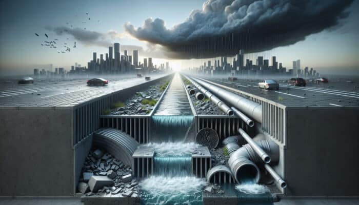 Cross-section of concrete drainage system showing water flow through channels, grates, and pipes in an urban setting during rain.