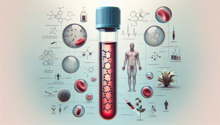 Testosterone Blood Test in Nuneaton: Illustration of a testosterone blood test vial with molecules, surrounded by icons of related health conditions.