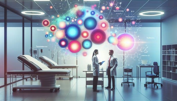 A medical chart showing testosterone levels with color-coded ranges, discussed by a healthcare provider and patient in a clinic.