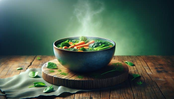 A steaming bowl of colourful detox soup with carrots, spinach, kale, and herbs on a rustic wooden table.