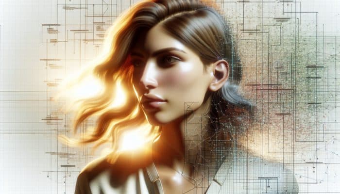 A woman with sun-kissed hair, showcasing depth and dimension through highlights, enhancing her facial features with a luminous glow.