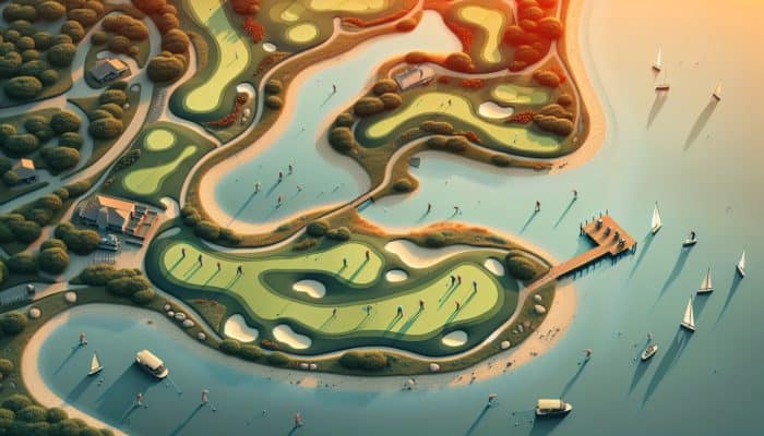 Aerial view of Mbombela Golf Club's 10th and 16th holes at sunset, highlighting their unique challenges.