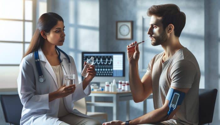 Person fasting, drinking water, consulting doctor in serene, well-lit room with medical equipment for diabetes test.