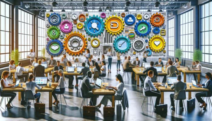 A vibrant workshop in Crewkerne with small business owners using Canva and Adobe Spark, networking, and learning digital marketing.