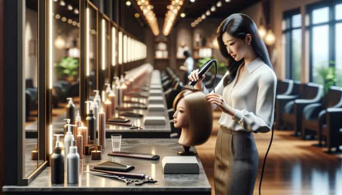 A professional wig stylist bonding a wig with a high-quality iron, using heat protectant in a modern salon.