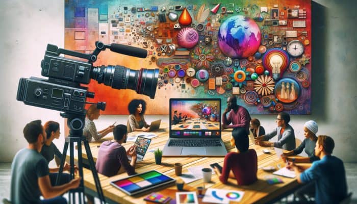 Content Creation in Totnes for Small Business: A vibrant workspace in Totnes with tools for content creation including a laptop, camera, and infographics, surrounded by engaged community members.