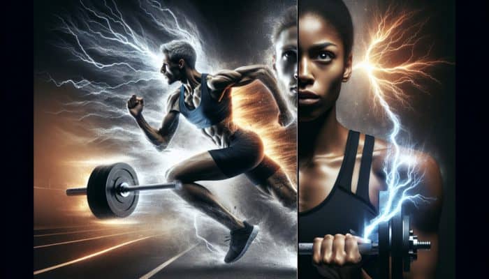 A split image of a marathon runner and a weightlifter, both energized by caffeine.