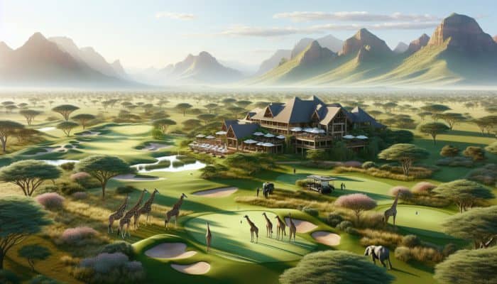 A South African golf resort with lush courses, wildlife, and clear skies.