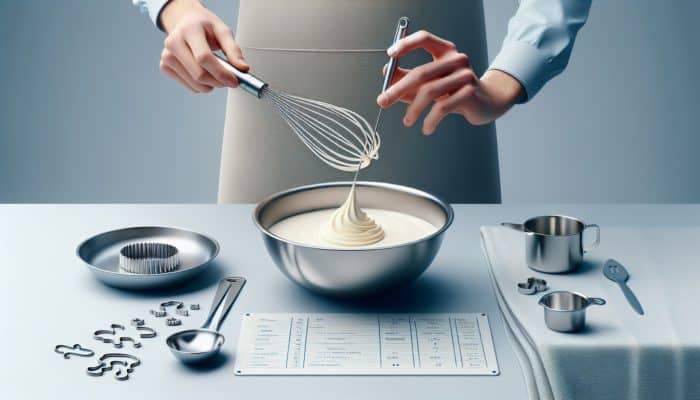 Person using balloon whisk in chilled metal bowl to whip cream, with spatula, measuring cup, and towel on counter.